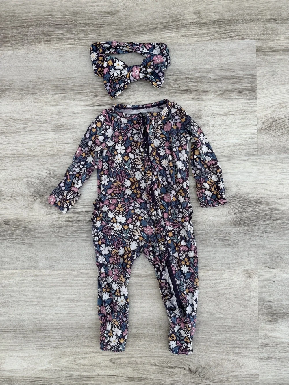 Little Sleepies Navy Floral Long-Sleeve One-Piece with Matching Headband
